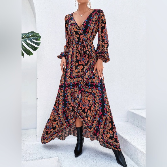 Floral Lantern Sleeve Ruffle Trim Wrap Dress - Picture 3 of 10